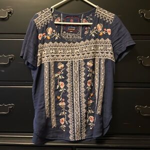 Johnny Wass blue with pink, red, green and cream thread.